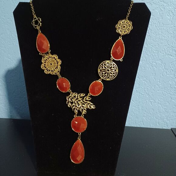 Source Unknown Jewelry - Vintage Bronze-Toned Filigree Necklace w/ Carnelian Glass Stones, 18"